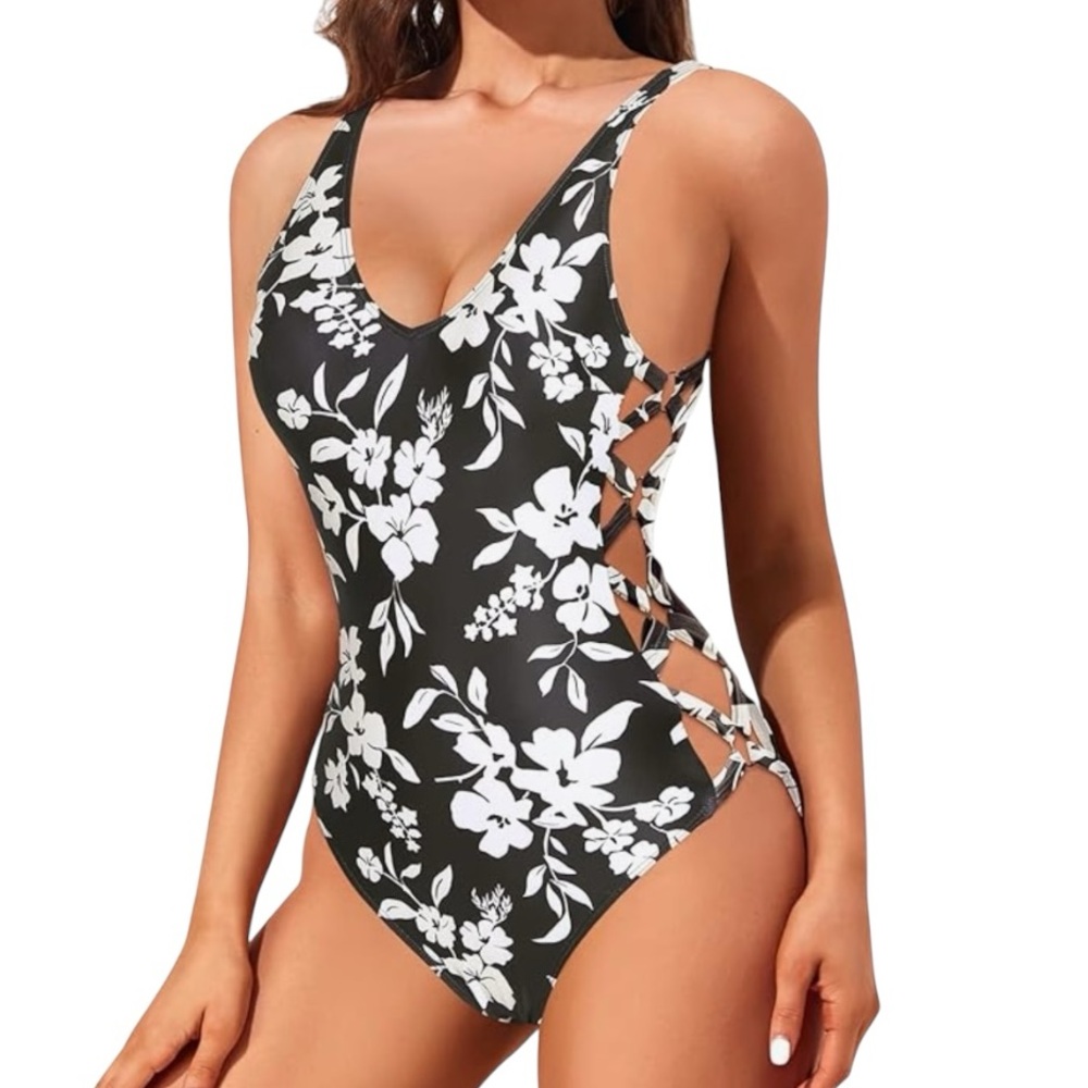 Floral Holipick Black and White One-Piece Swimsuit with Laced Sides.